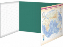 Доска аудиторная, меловая, магнитно-маркерная, трехэлементная (клетка, линейка, пропись, карта мира) + комплект тематических магнитов - «globural.ru» - Кировград